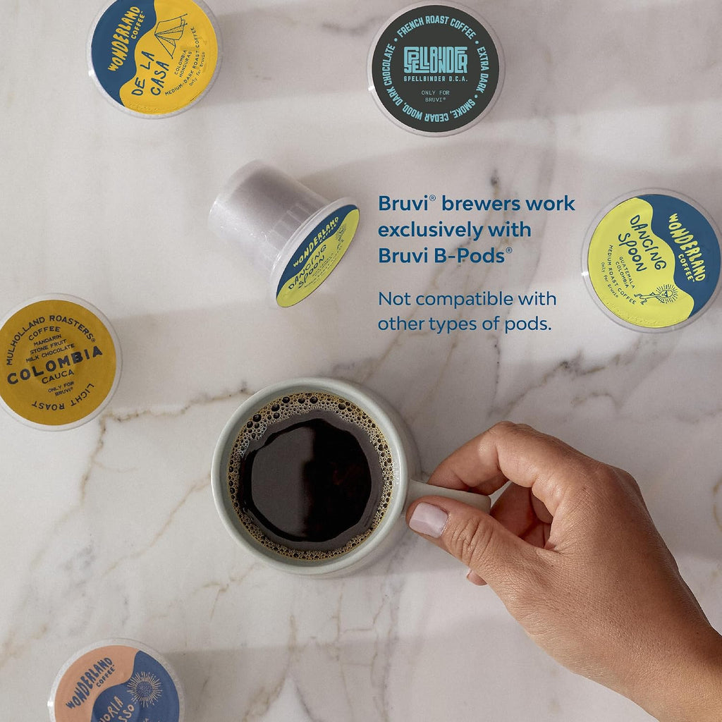 BRUVI Single-Serve Coffee Maker Bundle | Brews Coffee, Espresso, Cold Brew, Matcha Green Tea & More | Includes Brewer + 20 Variety Pods | Touchscreen, WiFi, 70 oz Tank | Cream