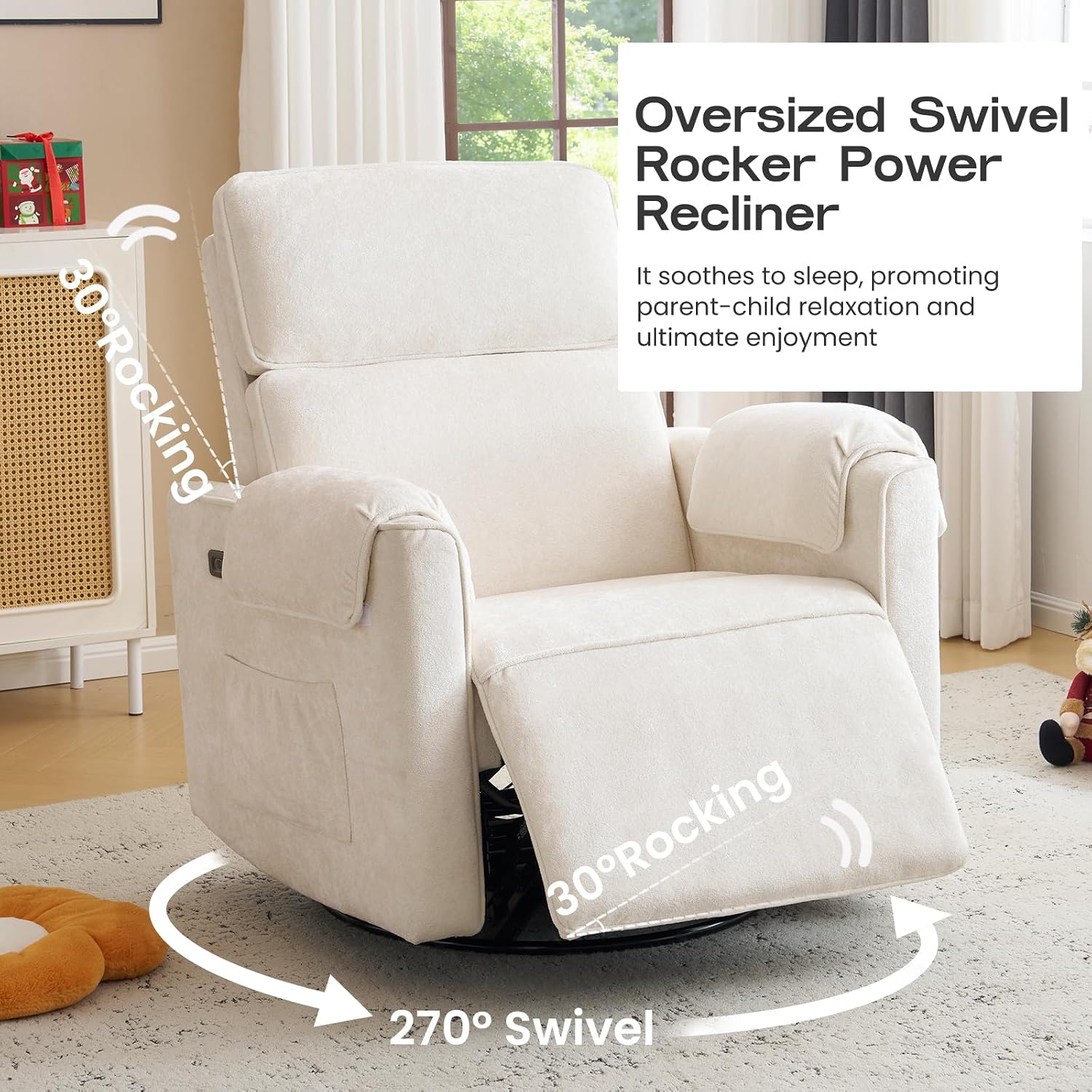 Oversized Power Recliner Chair Swivel Glider with Adjustable Headrest, 26' Extra Wide Glider Nursery Chair with Overstuffed Armrest, USB Ports, Chenille Fabric, Cream