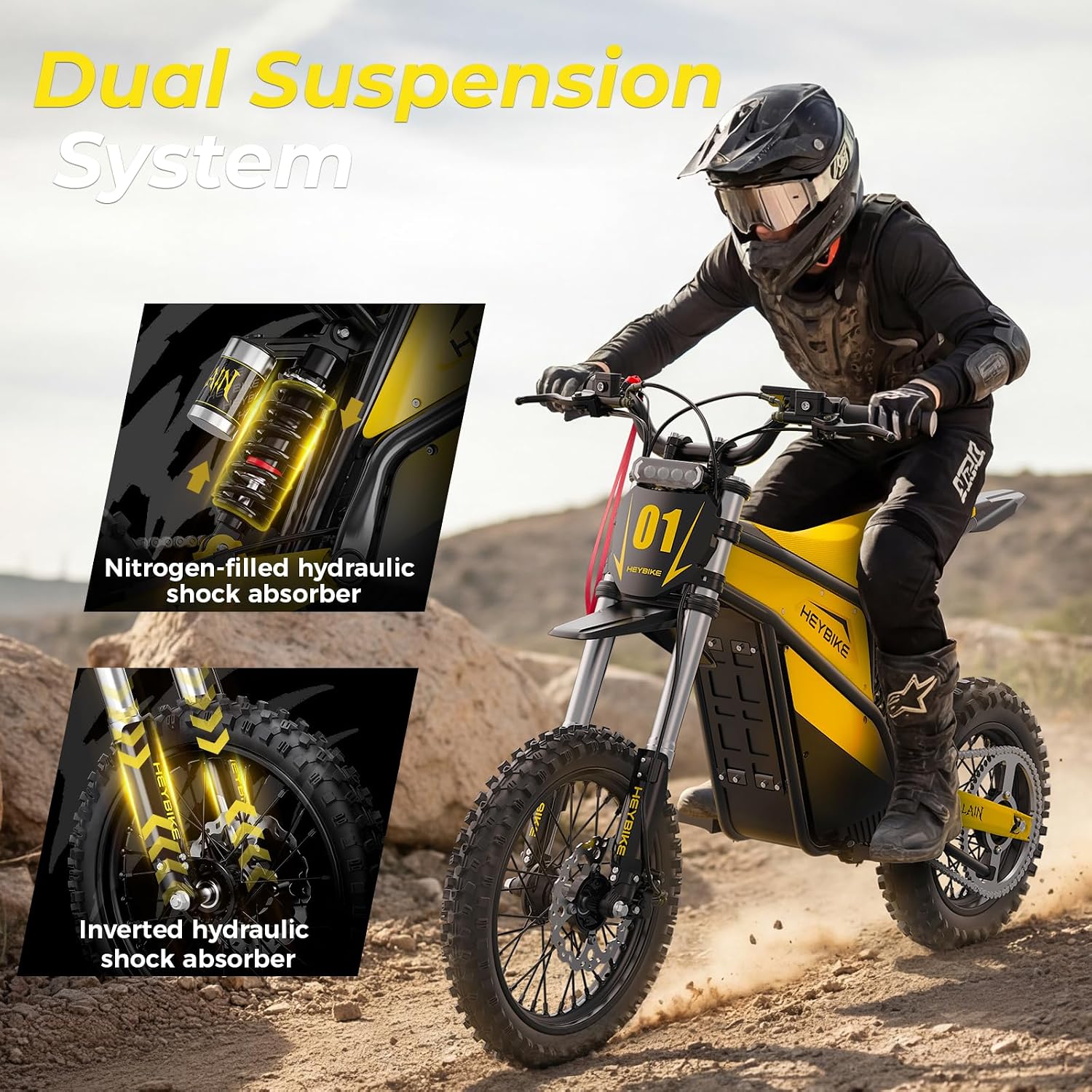 Heybike Villain Electric Dirt Bike, 4160W E Dirt Bike with 52V 26AH Battery, 14'/12' Fat Tire Electric Motorcycle for Teens, Max 45MPH Ebike with Reversing Function(with Crossbody Bag; Yellow)