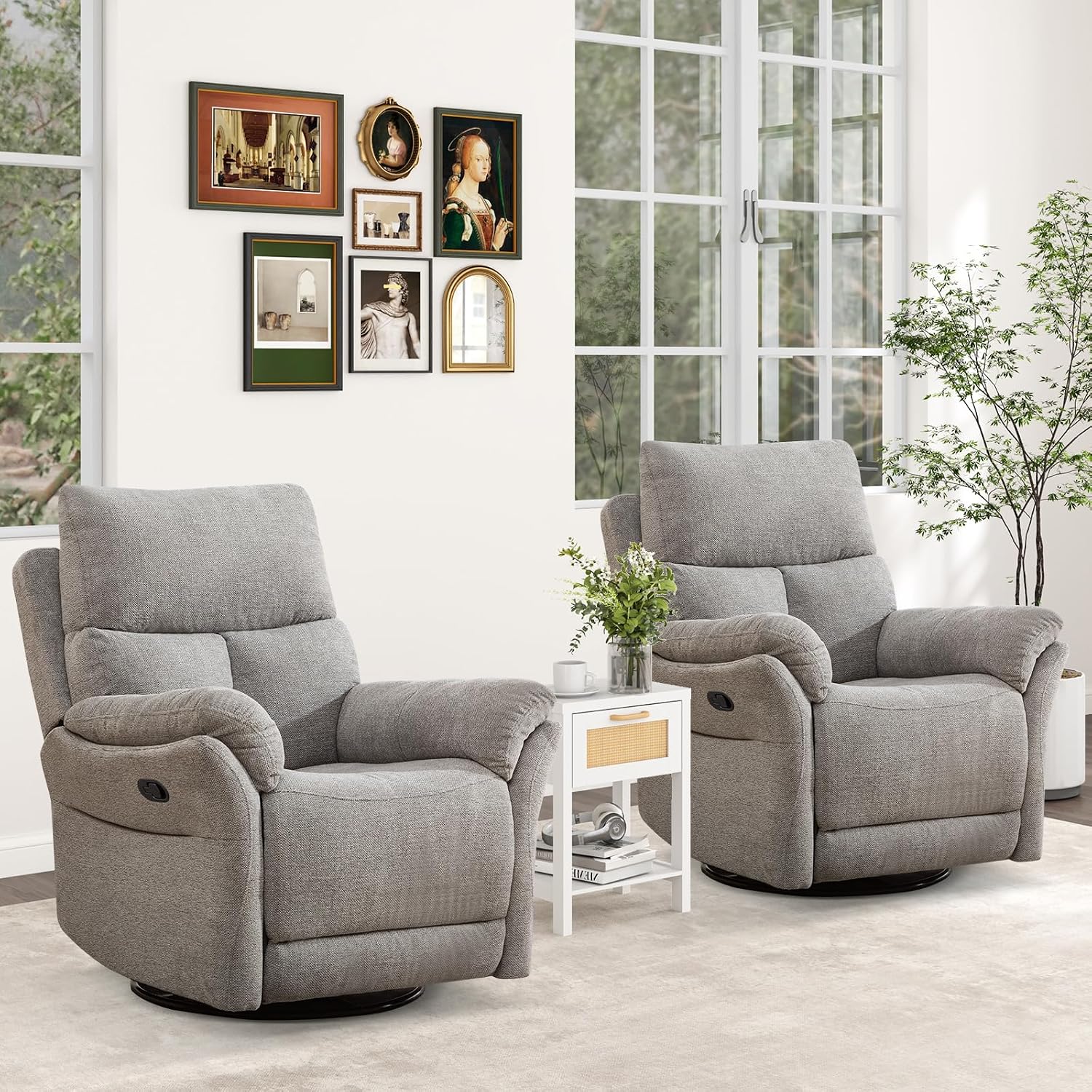 ANJ Swivel Rocker Recliner Chair Set of 2, Manual Fabric Glider Nursery Recliner Chair, Single Rocking Modern Sofa Home Theater Seating for Living Room, Nursery (Silver)