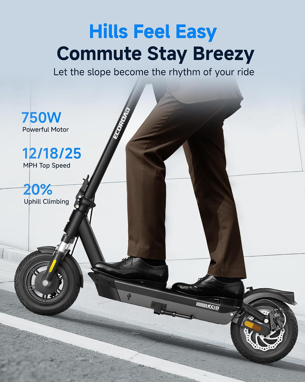 ECOROAD EC10 Electric Scooter for Adults, 750W Motor & 25 MPH & 32 Miles Long Range, 10' Tires with Dual Suspension, Foldable Commuting E Scooter with App Control