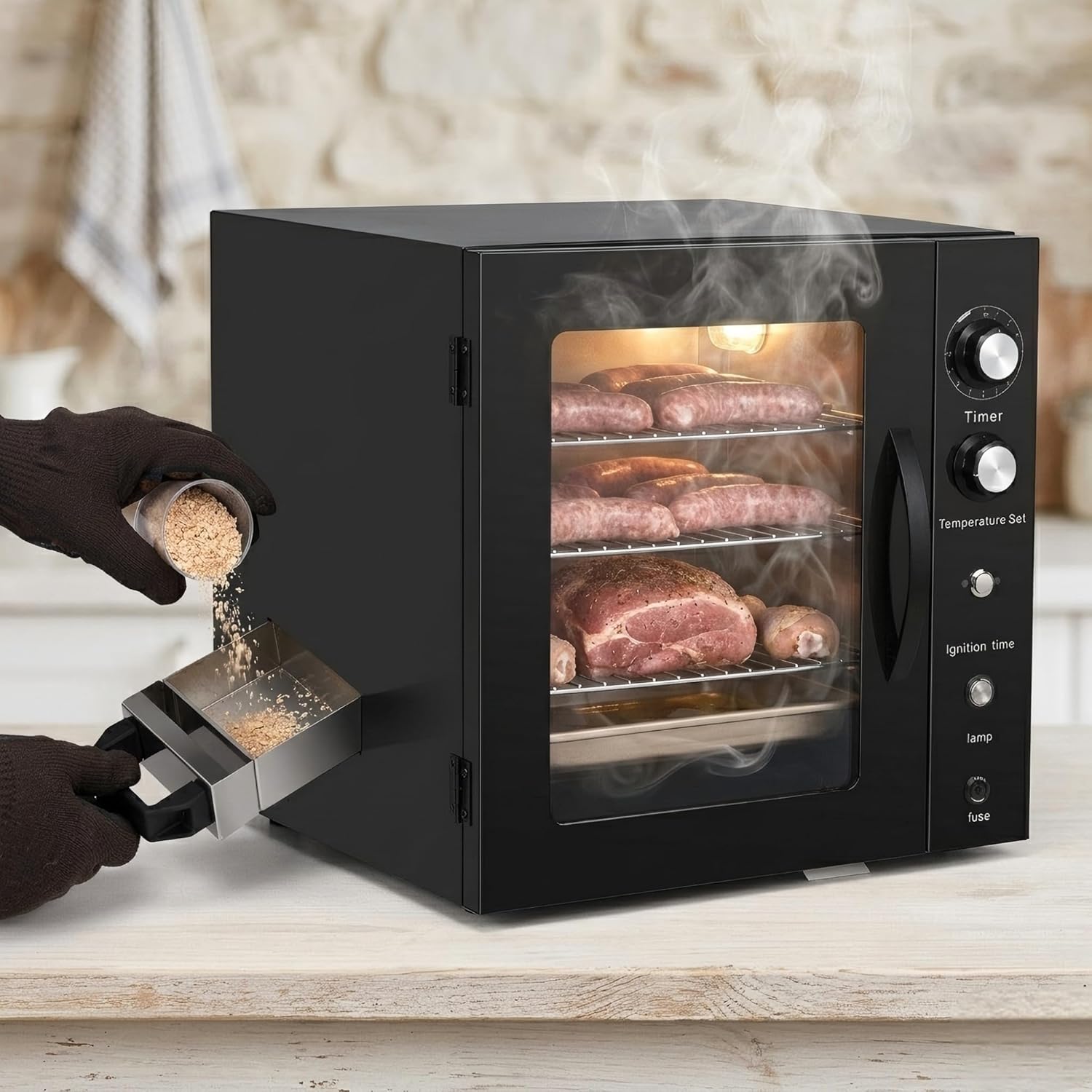CLIVIA Indoor Pellet Smoker, Electric Indoor Smoker, Countertop 2 Layers BBQ Grill 10L Smoker Oven for Meat, Sausage, Jerky, Beef, Adjustable 86-230°F