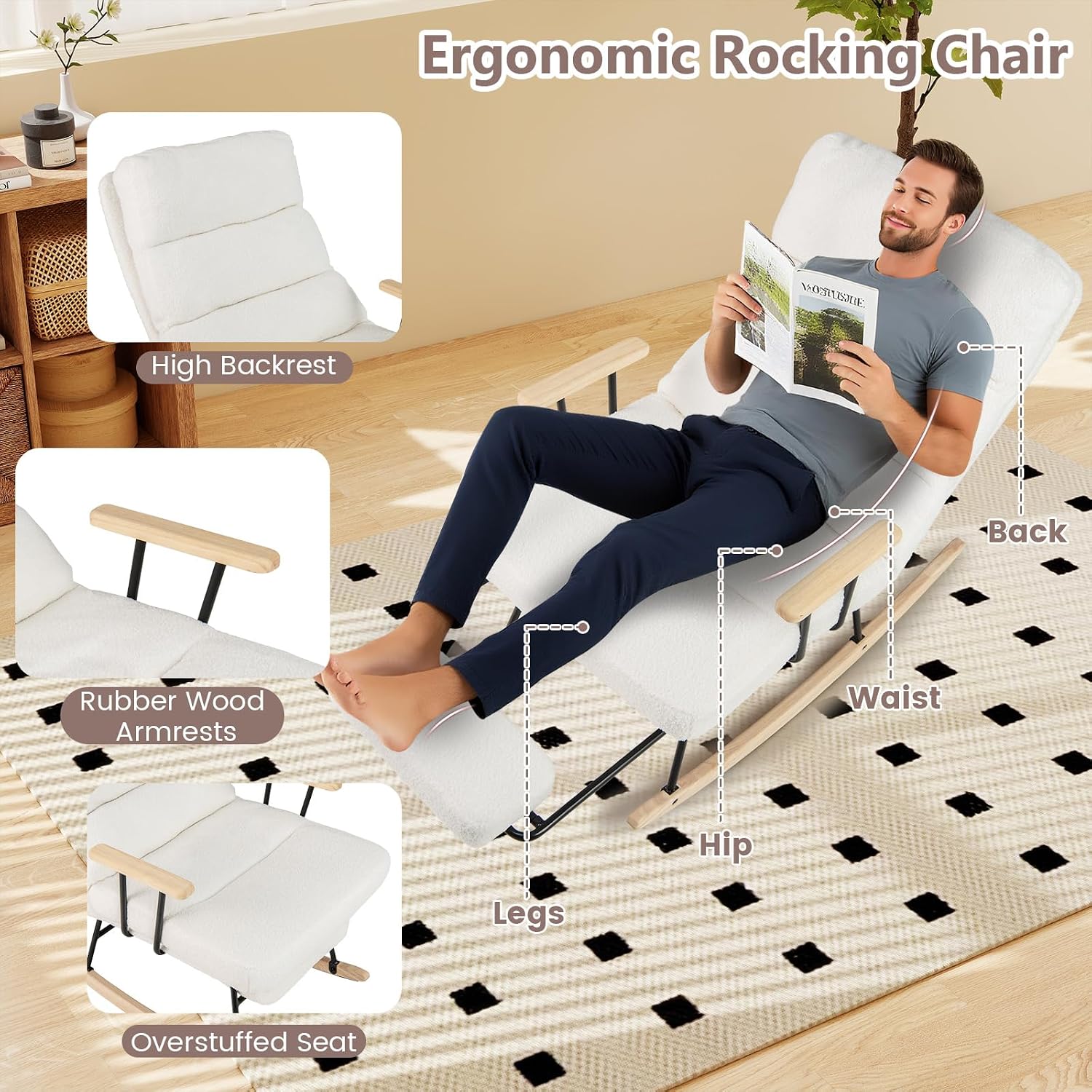 Giantex Rocking Chair Nursery, Teddy Upholstered Rocker Chair w/ 5-level Adjustable Backrest & Retractable Footrest, Rubber Wood Legs & Felt Foot Pads, Modern Accent Chair for Living Room, Bedroom (1)