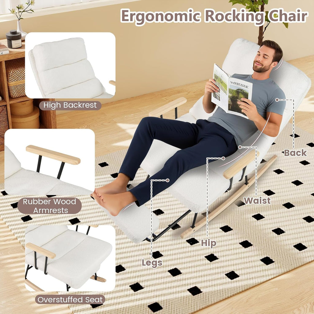 Giantex Rocking Chair Nursery, Teddy Upholstered Rocker Chair w/ 5-level Adjustable Backrest & Retractable Footrest, Rubber Wood Legs & Felt Foot Pads, Modern Accent Chair for Living Room, Bedroom (2)