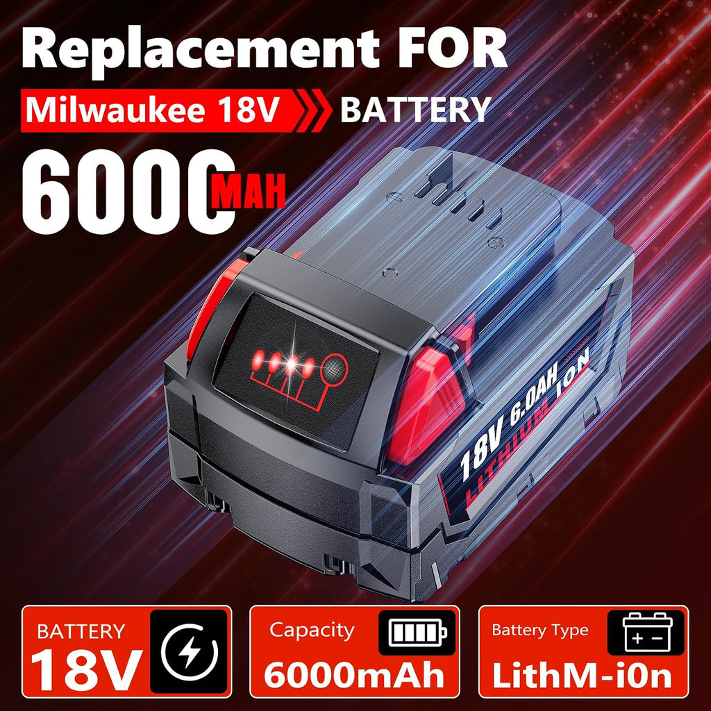 Replacement for Milwaukee M18 Battery, 6000mAh 18V Lithium High-Capacity Batteries Compatible with M18 Cordless Power Tools and Charger 48-11-1850 48-11-1860 48-11-1828 48-11-1815 48-11-1822 (4PACK)
