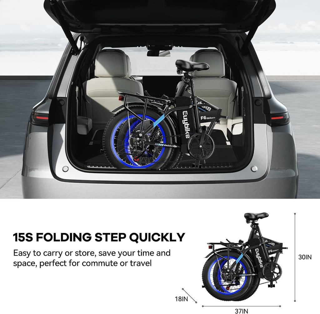 EUYBIKE Foldable Electric Bike for Adults, 48V 20Ah Removable Lithium Battery up to 80Miles, 20' Fat Tire 1000W Peak Motor Dirt Ebike Adult Electric Bicycle for Beach Mountain E Bike Blue Black