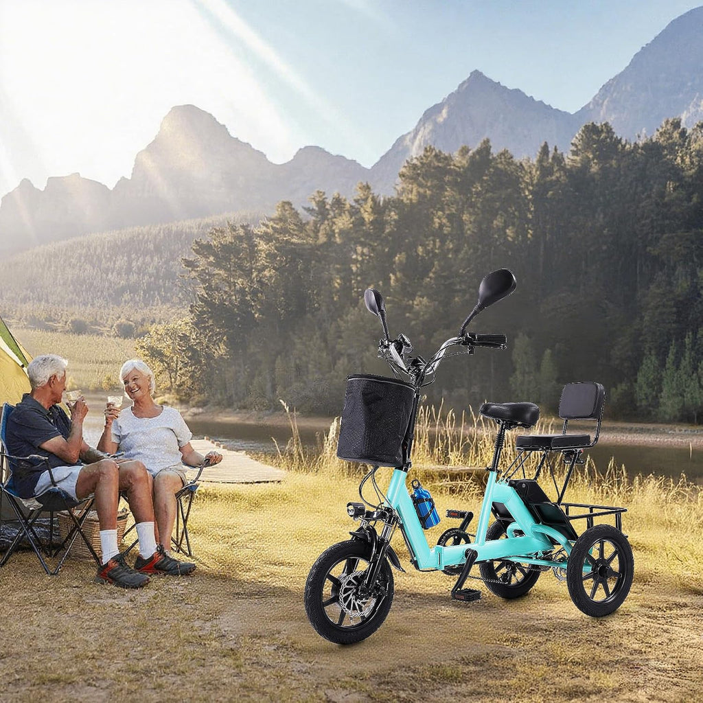 E Trike Electric Bike, 350W(Peak 500W) Brushless Motor Folding Trike, 2 Seats Ebike, 480Wh Removable Battery, Step-Thru 3 Wheel Electric Bicycle, Up to 45 Miles, Tricycle for Adults Parents