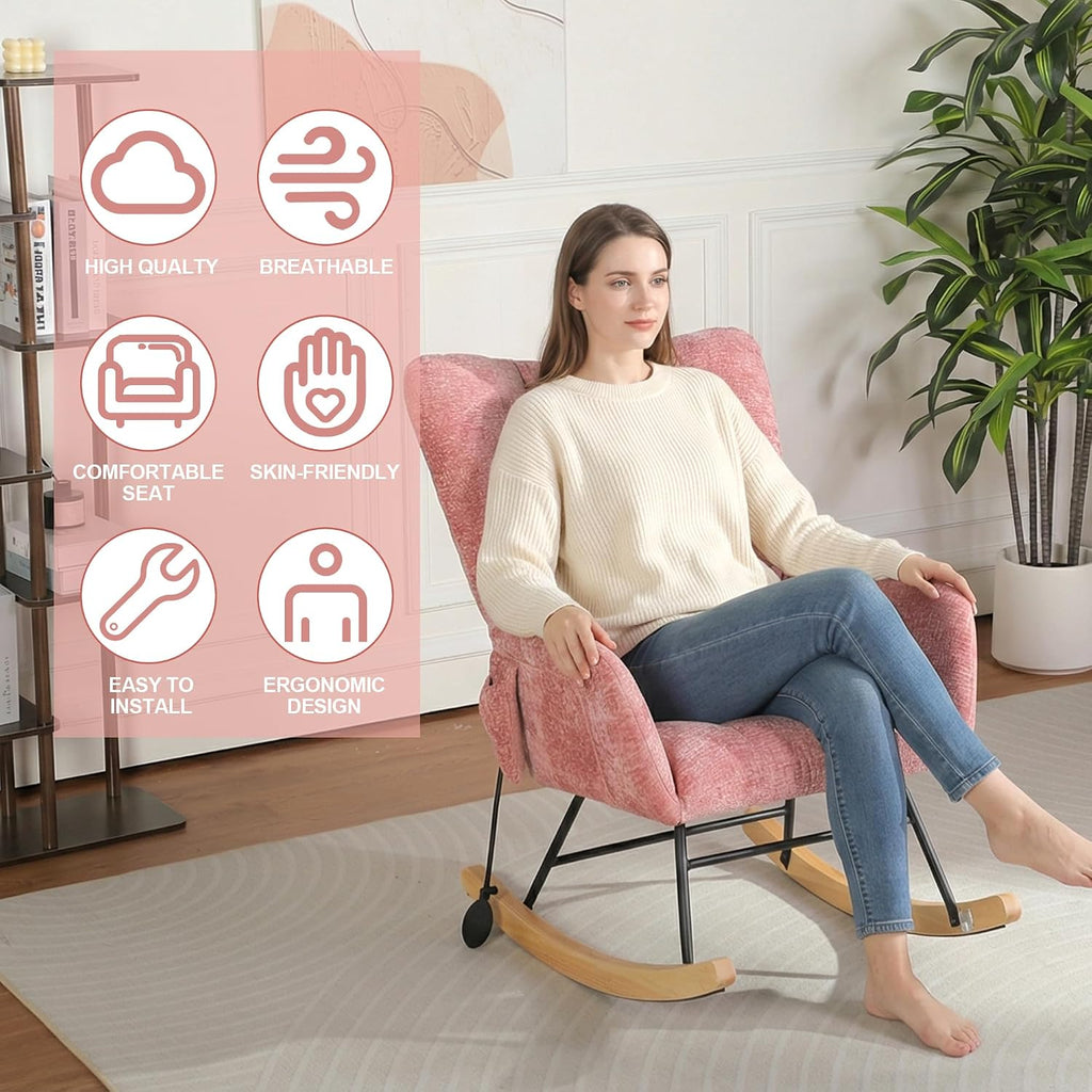 Rocking Chair Nursery, Nursery Rocking Reading Chair Indoor, Cozy Upholstered Glider Rocker Chairs for Living Room Bedroom, Sillas Mecedoras (Chenille, Pink)