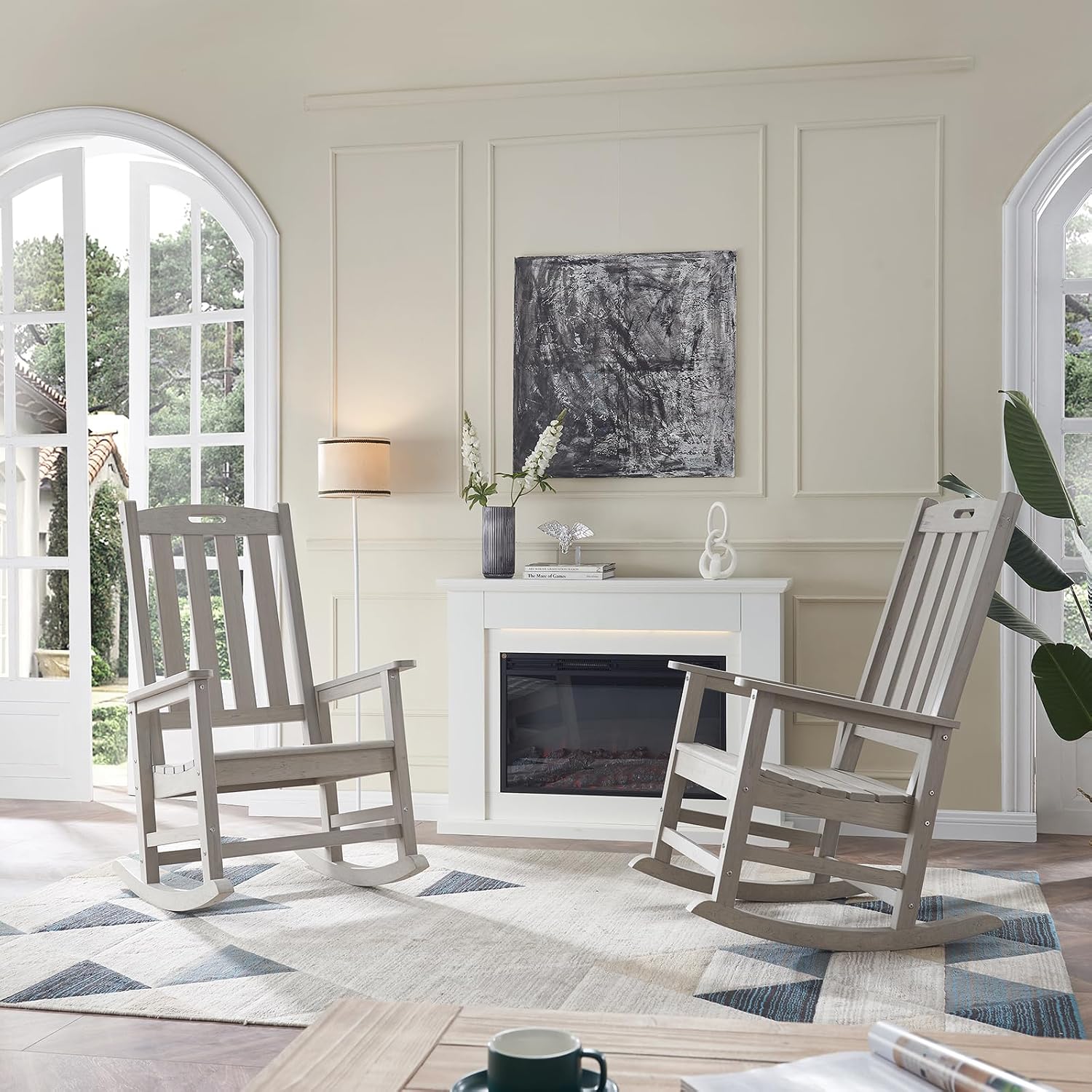 Psilvam Oversized Outdoor Rocking Chair Set of 2, Porch Rocker with 21' Wide Seat and 32' Tall Backrest, Pre-Assembled with Most Components for Effortless Installation (Grey)