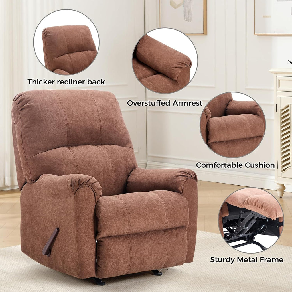 CANMOV Rocker Recliner Chair, Manual Recliner Chair with Overstuffed Back and Arms for Adults, Nursery Rocking Glider Reclining Single Sofa for Living Room, Brown