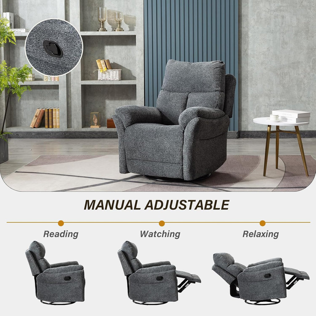 ANJ Swivel Rocker Recliner Chair Nursery Manual Glider Rocking Recliner Chairs for Adults, Fabric Rocking Chair Nursery, 360° Swivel Lazy Boy Recliner Chairs for Living Room, rv, Smoky Grey
