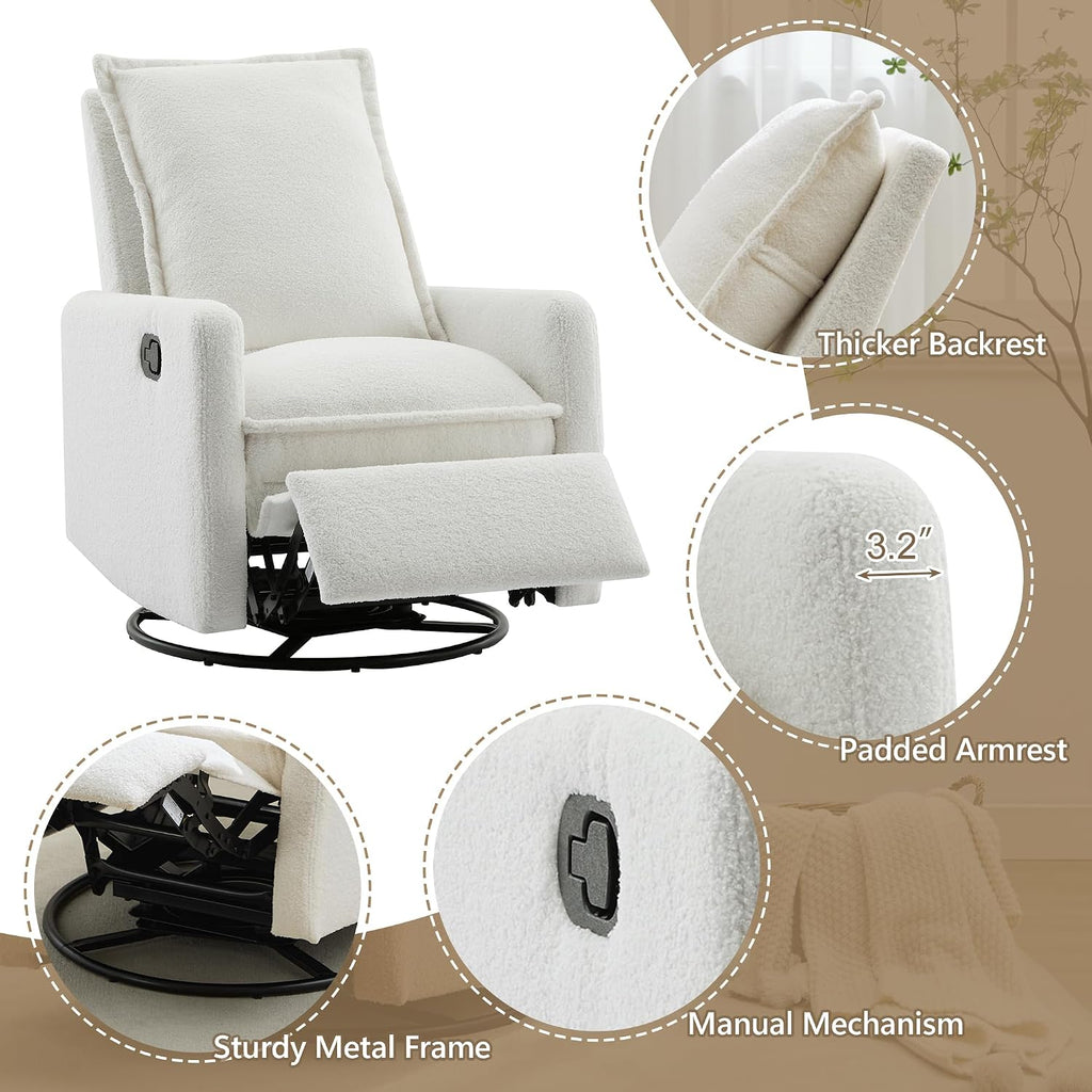 JIVOIT Modern Swivel Rocker Recliner Chair, Linen Fabric Glider Rocker Recliner, Rocking Chair Nursery with Backrest and Footrest, Single Reclining Sofa for Living Room Bedroom Apartment (White/68)