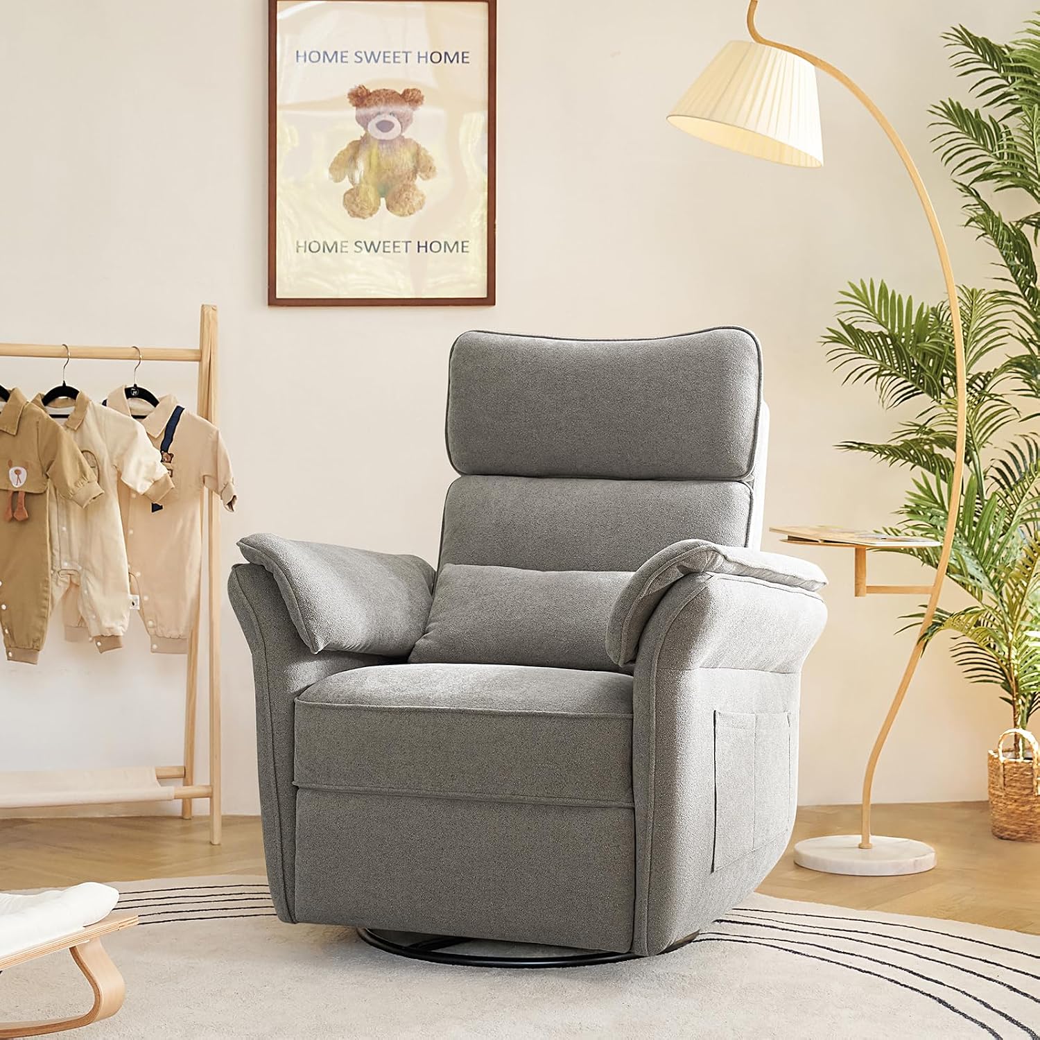 HULALA HOME Nursery Glider Recliner with Adjustable Headrest and Armrests, Modern Power Swivel Rocker Recliner Chair with USB Port and Storage Bags, GREENGARD, FSC, CertiPUR-US® Certified, Ash