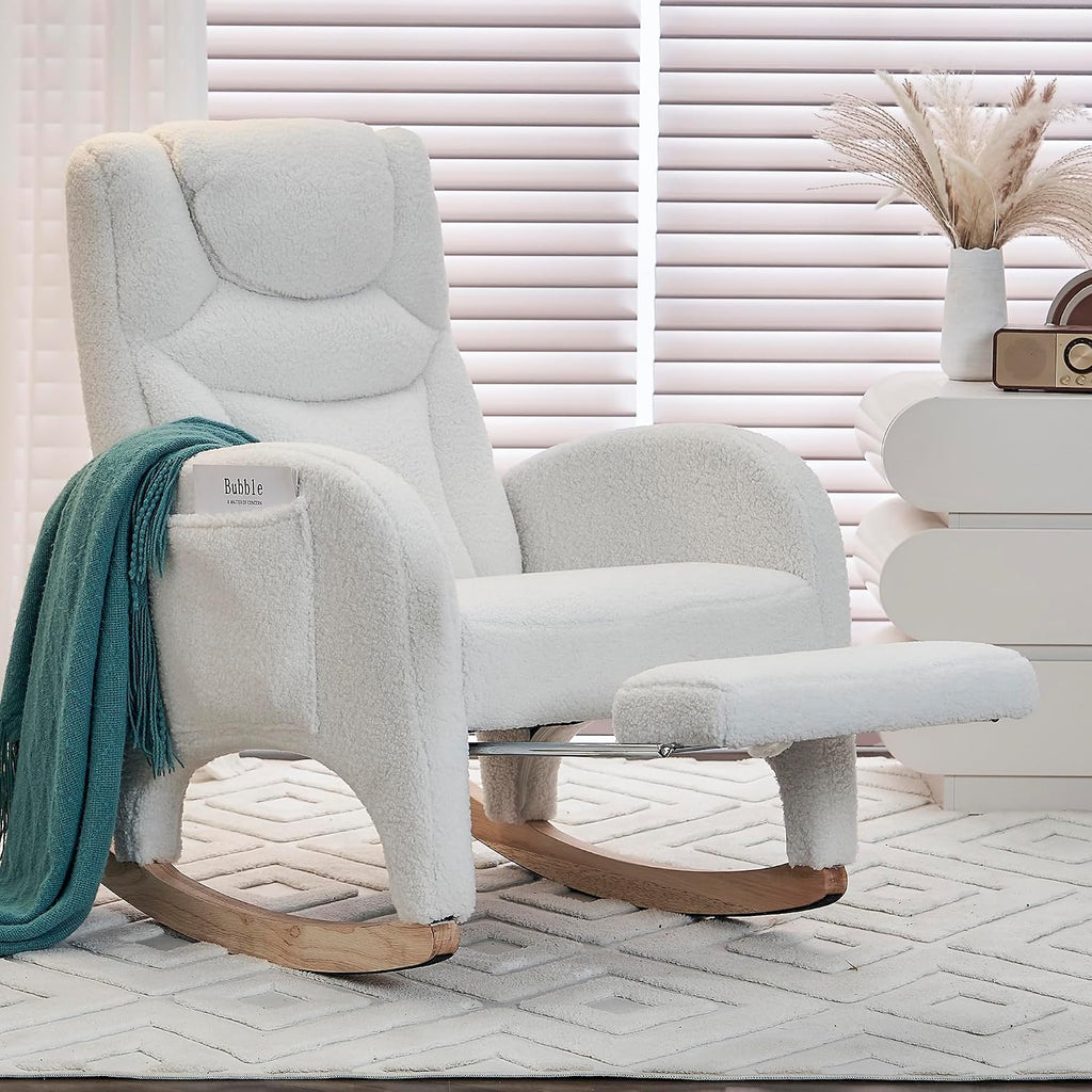 LUMISOL Rocking Chair with Adjustable Footrest, Soft Teddy Fabric Rocking Chair with Pocket for Nursery, Comfy Wing-Back Glider Rocker with Solid Wood Base for Living Room Bedroom Balcony, Ivory