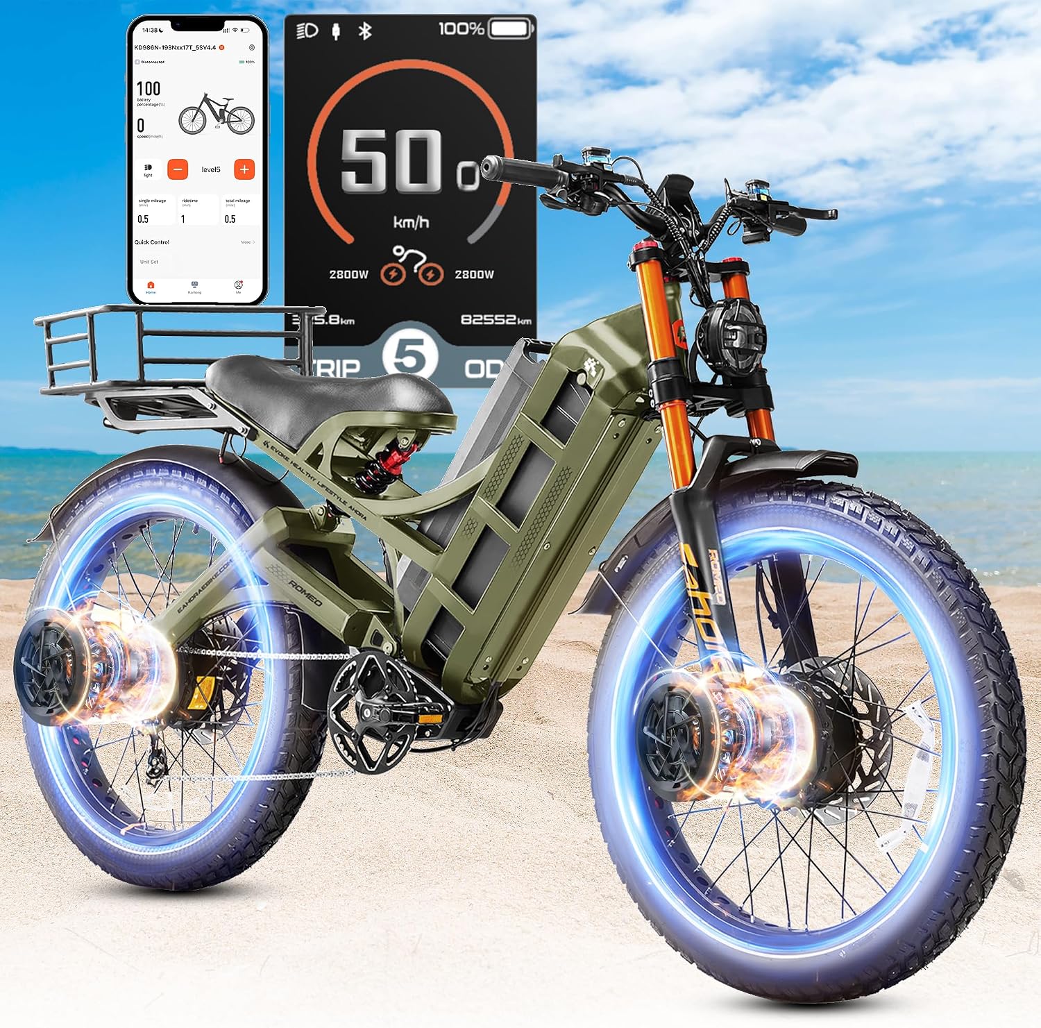 2026 eAhora Romeo Pro 3/2 50-46 Mph Electric Bike for Adults, 5600W/4000W/2500W Dual Motor Ebike 60V 80Ah/52V 70Ah Battery 200 Miles Long Range, 26*4.0'/20*4.5' Fat Tire, Full Suspension, All Terrain