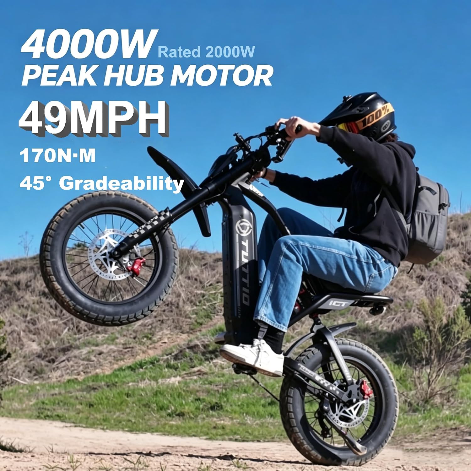 Tuttio ICT Electric Bike for Adults Teens Age 16+, 4000 Peak 50MPH 60V 25AH Electric-Dirt-Bike, 20' Fat Tire Electric Motorcycle, Full Suspension E-Bike for Mountain Off-Road Snow
