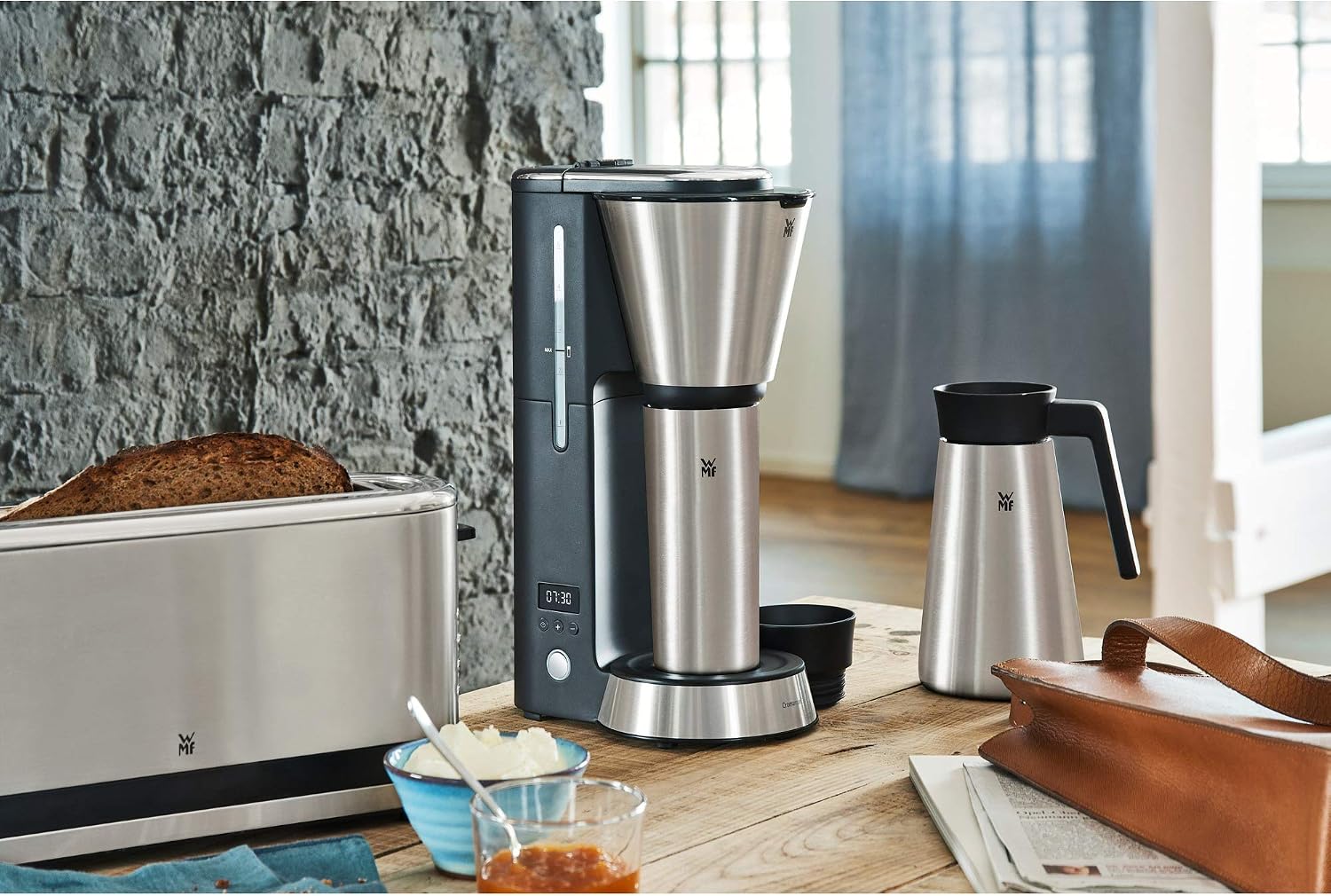 WMF KITCHENminis 0412260011 Aroma Filter Coffee Maker, Thermo-To-Go, Compact, Insulated Jug and Takeaway Mug, Cromargan High Quality, 760 W, Up to 5 Cups