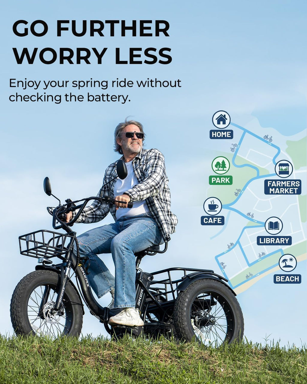 Skeri Electric Tricycle for Adults, 750W(Peak 1350W) Motor Etrike, 20'x4' Folding Fat Tire Electric Trike, 48V13Ah Battery, 3-Wheel Electric Bike, 20MPH, Front & Rear Basket & Differential