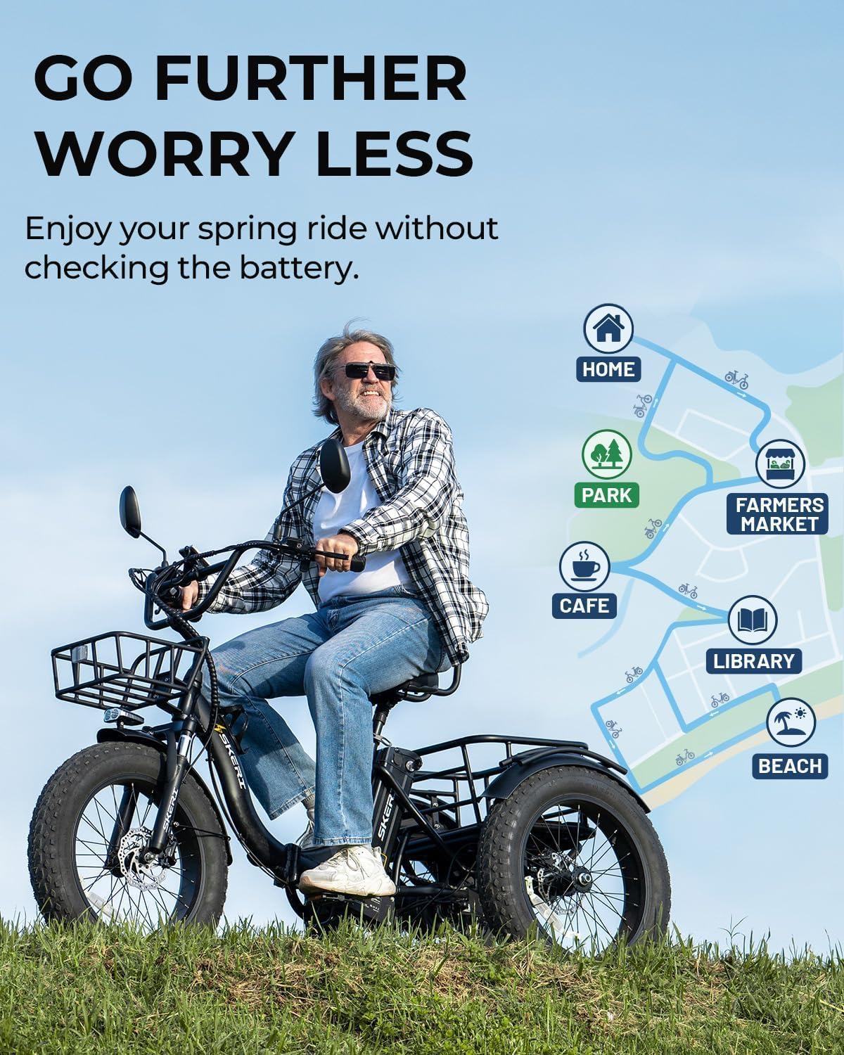Skeri Electric Tricycle for Adults, 750W(Peak 1350W) Motor Etrike, 20'x4' Folding Fat Tire Electric Trike, 48V13Ah Battery, 3-Wheel Electric Bike, 20MPH, Front & Rear Basket & Differential