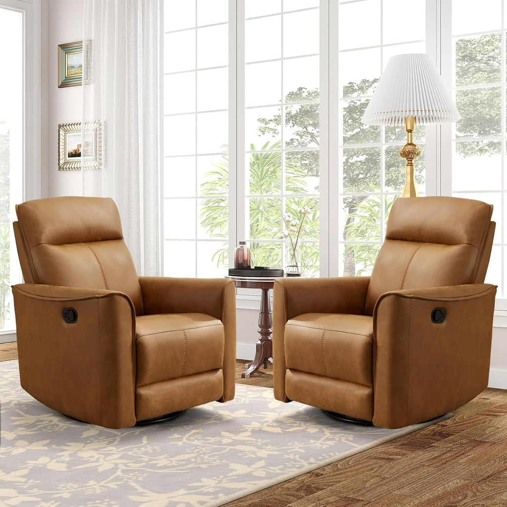 CANMOV Swivel Rocker Recliner Set of 2, Glider Rocking Chair, Nursing Chairs Swivel Glider Recliners with Soft Backrest, Leathaire Manual Reclining Sofa for Living Room Bedroom Apartment, Brown