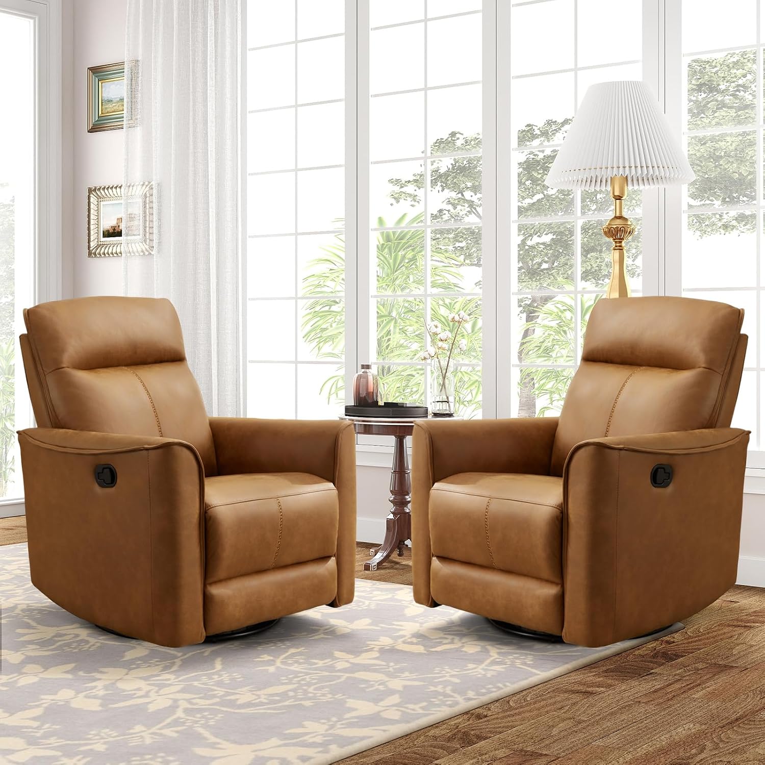 CANMOV Swivel Rocker Recliner Set of 2, Glider Rocking Chair, Nursing Chairs Swivel Glider Recliners with Soft Backrest, Leathaire Manual Reclining Sofa for Living Room Bedroom Apartment, Brown
