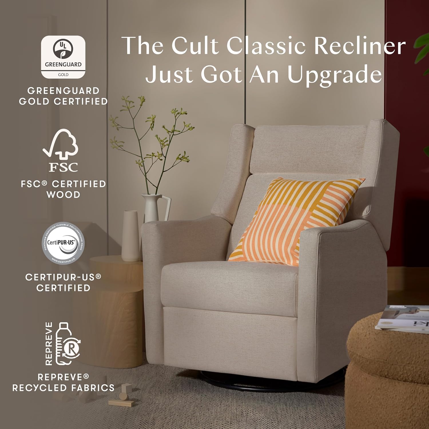 Babyletto Kiwi Plus Power Recliner and Swivel Glider with Power Headrest and USB Port in Performance Beach Eco-Weave, Water Repellent & Stain Resistant, Greenguard Gold and CertiPUR-US Certified