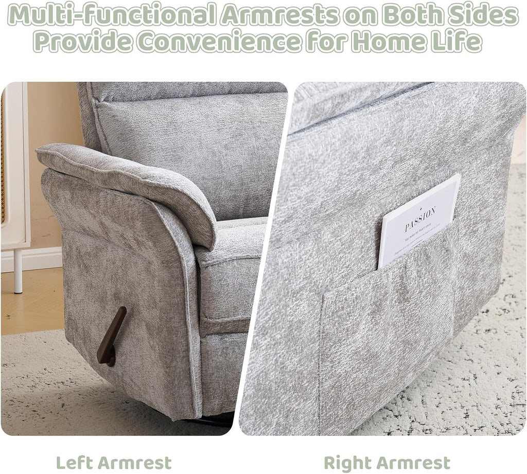Oversized Swivel Rocker Recliner with Adjustable Headrest, Rocking Chair Nursery with Overstuffed Armrest, Manual Rocker Recliner Nursery Chair for Living Room,Light Grey