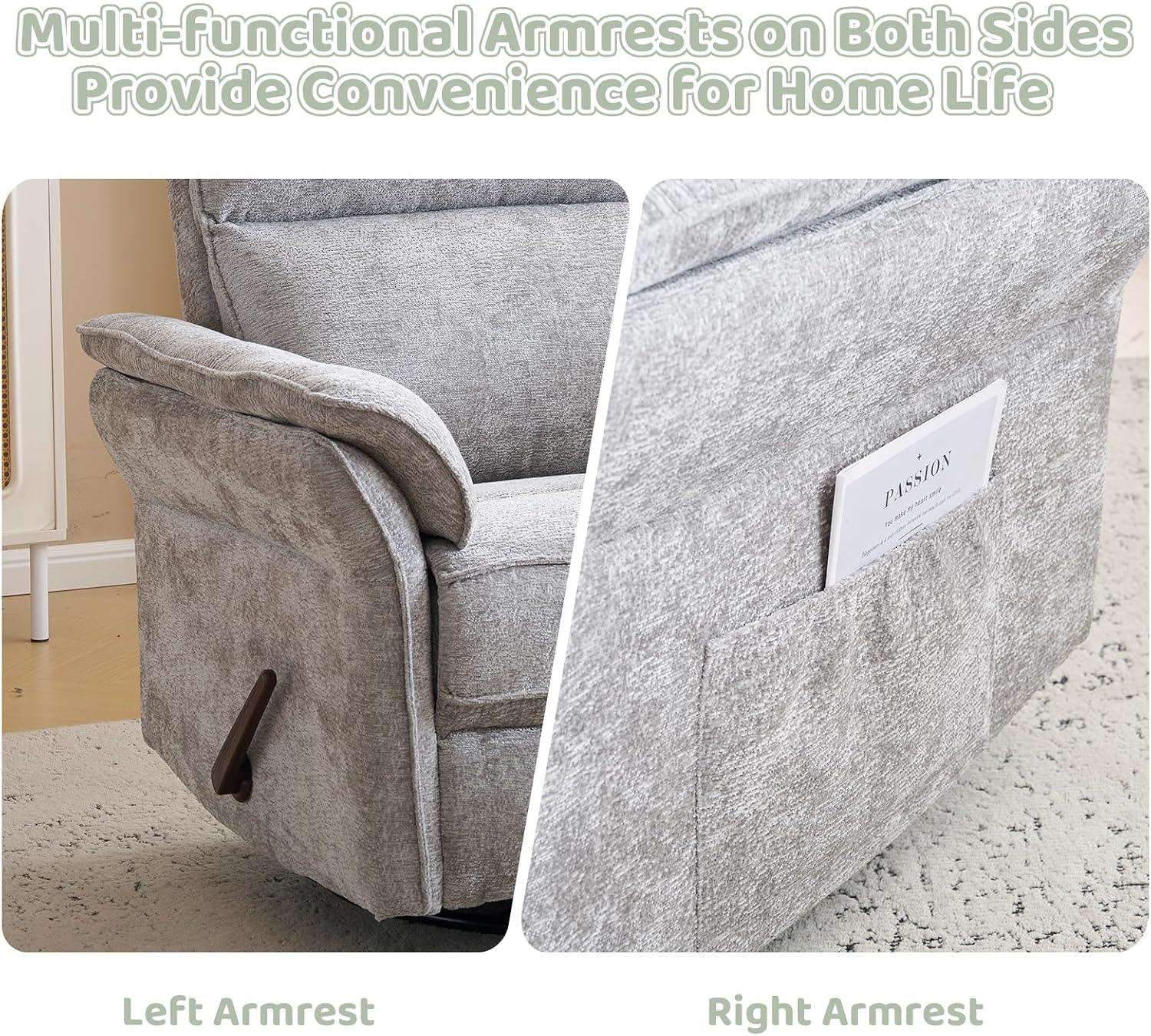 Oversized Swivel Rocker Recliner with Adjustable Headrest, Rocking Chair Nursery with Overstuffed Armrest, Manual Rocker Recliner Nursery Chair for Living Room,Light Grey
