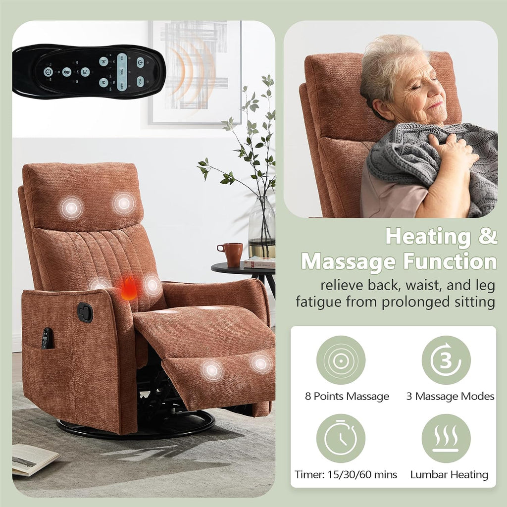 cinkehome Heated Massage Swivel Rocker Recliner Chair for Nursery - Small Space Reclining Chair with Lumbar Support, 360° Swivel & Gentle Rocking, Ergonomic High Back, Orange Chenille