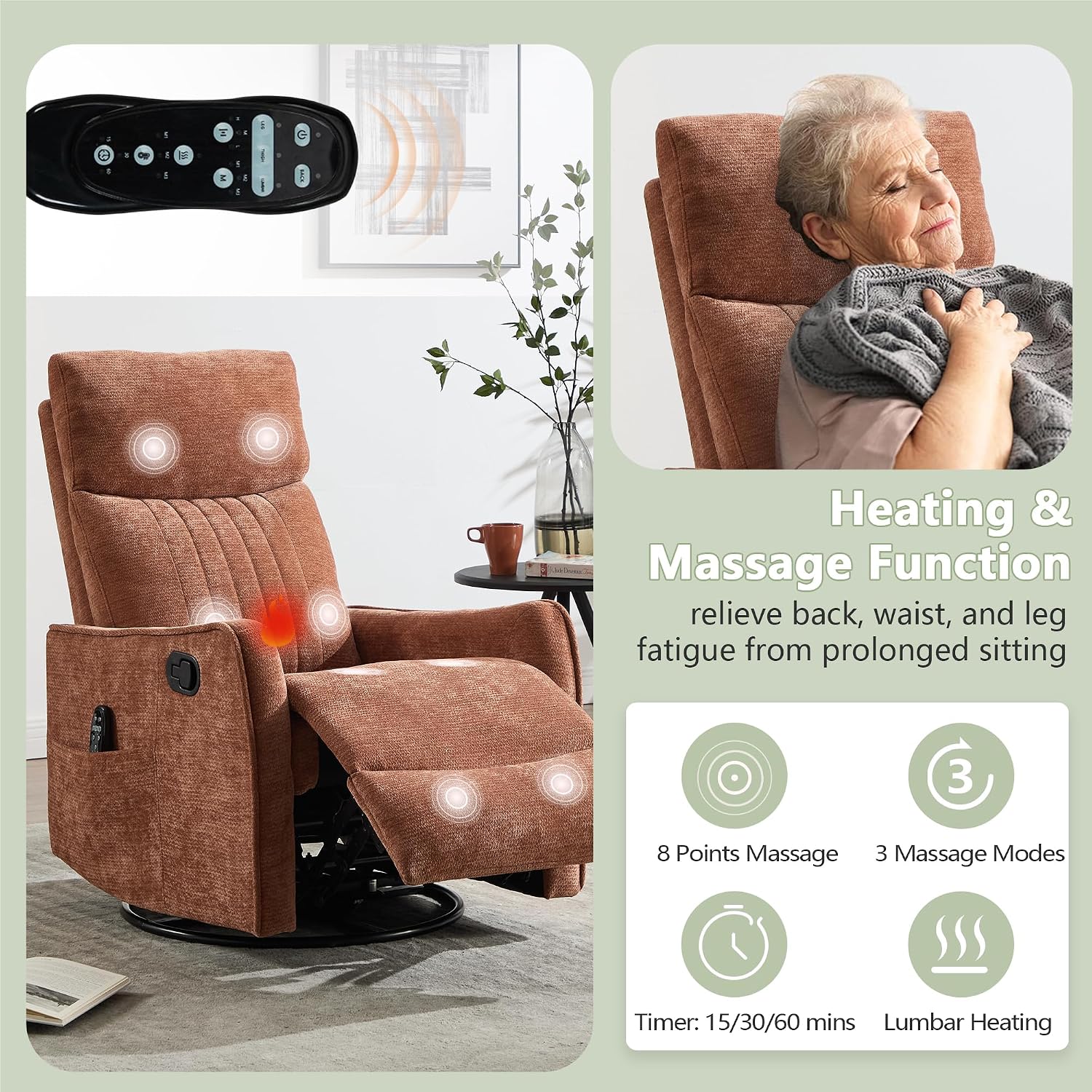cinkehome Heated Massage Swivel Rocker Recliner Chair for Nursery - Small Space Reclining Chair with Lumbar Support, 360° Swivel & Gentle Rocking, Ergonomic High Back, Orange Chenille