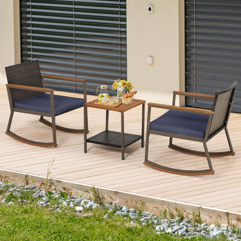 Tangkula 3 Pieces Rocking Bistro Set, Outdoor Rocker Chair with Coffee Table & Cushions, Patio Rattan Furniture Conversation Set for Balcony Porch Poolside (Navy)