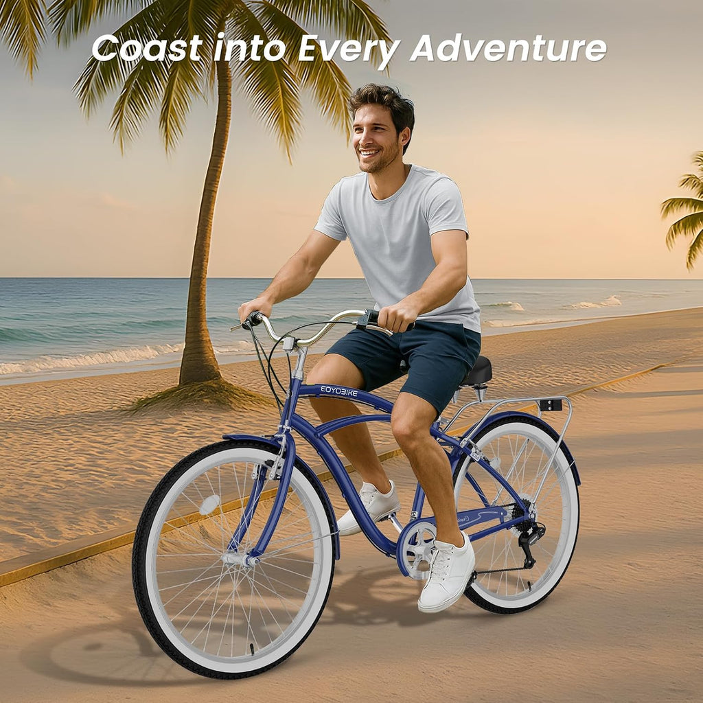 Cruiser Bike for Adults, 7-Speed Beach Cruiser Bicycle, 24/26 Inch Step-Through or High-Bar Frame, Comfort City Commuter Bike with Rear Rack, Fenders, Wide Saddle for Women & Men