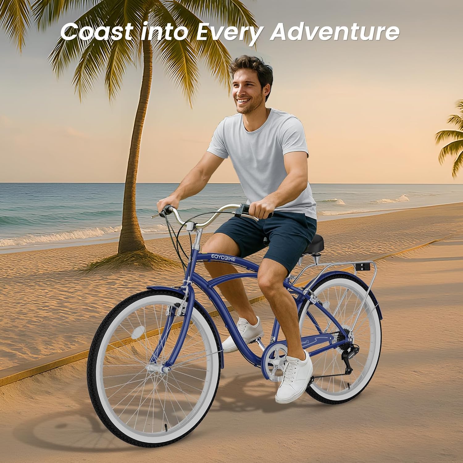 Cruiser Bike for Adults, 7-Speed Beach Cruiser Bicycle, 24/26 Inch Step-Through or High-Bar Frame, Comfort City Commuter Bike with Rear Rack, Fenders, Wide Saddle for Women & Men