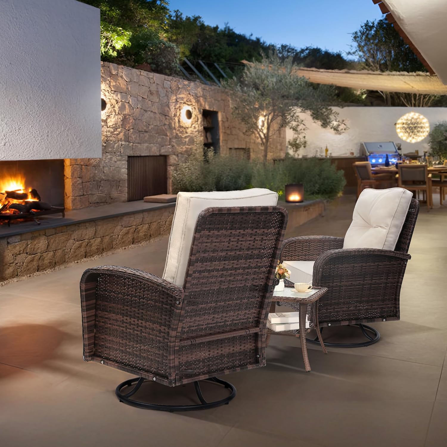 wildformers Luxury Outdoor Swivel Wicker Glider Patio Chairs with Table Set, Overstuffed Washable Cushions, Ideal for Porch, Balcony, Deck, Brown Rattan and Beige Cushion