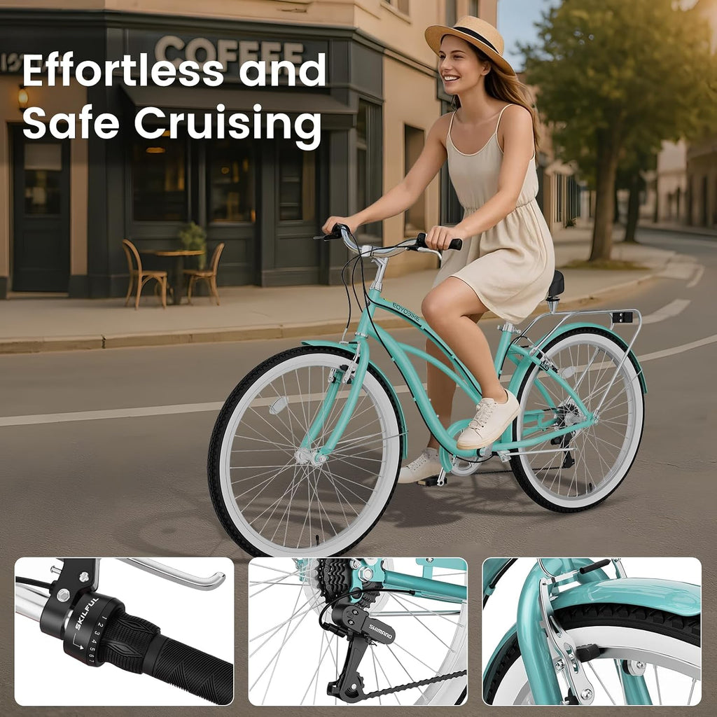 Cruiser Bike for Adults, 7-Speed Beach Cruiser Bicycle, 24/26 Inch Step-Through or High-Bar Frame, Comfort City Commuter Bike with Rear Rack, Fenders, Wide Saddle for Women & Men