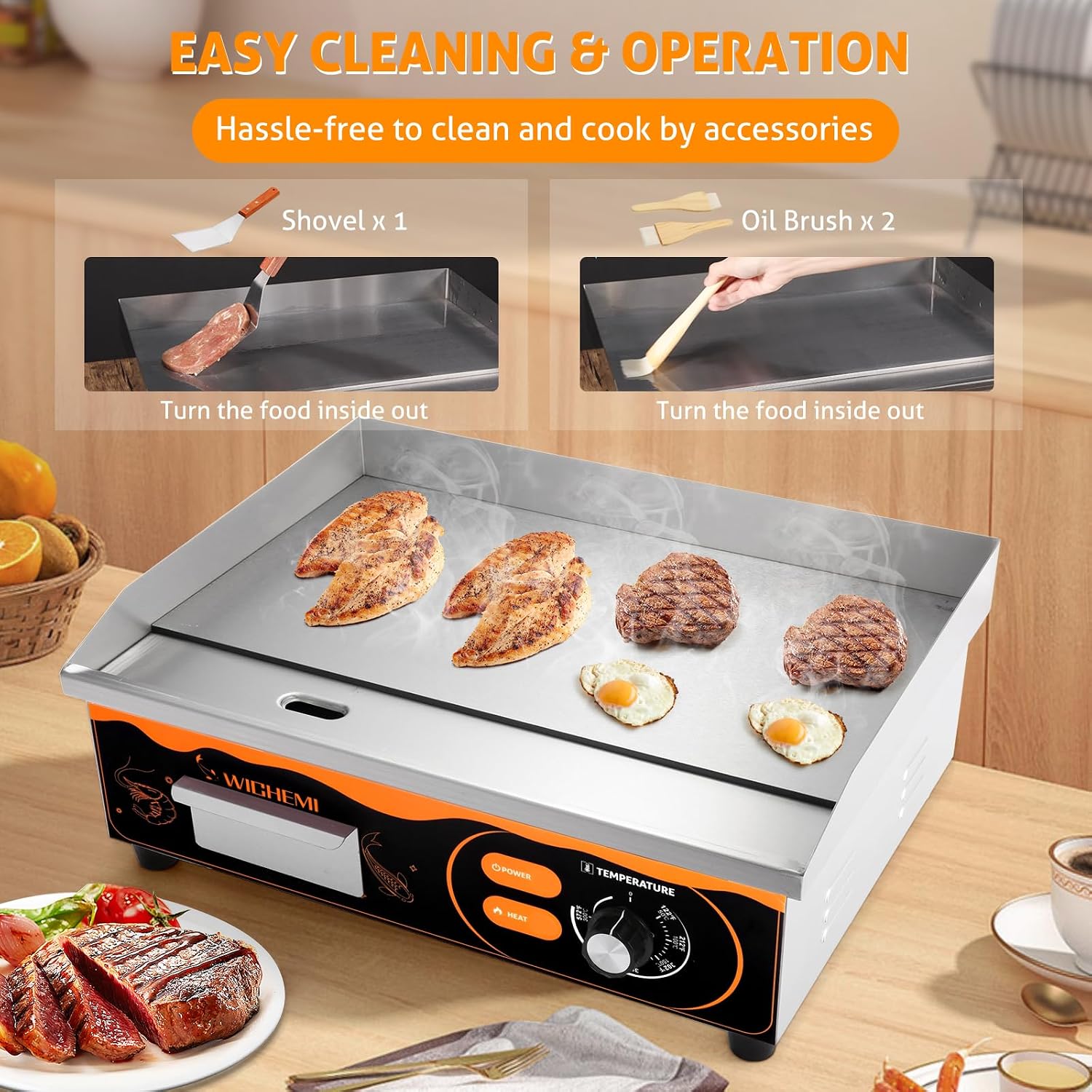 WICHEMI 22' Electric Grill Commercial Countertop Griddle Flat Top Grill Hot Plate Non-Stick Stainless Steel Teppanyaki Grill for Restaurant Kitchen, 110V 3000W