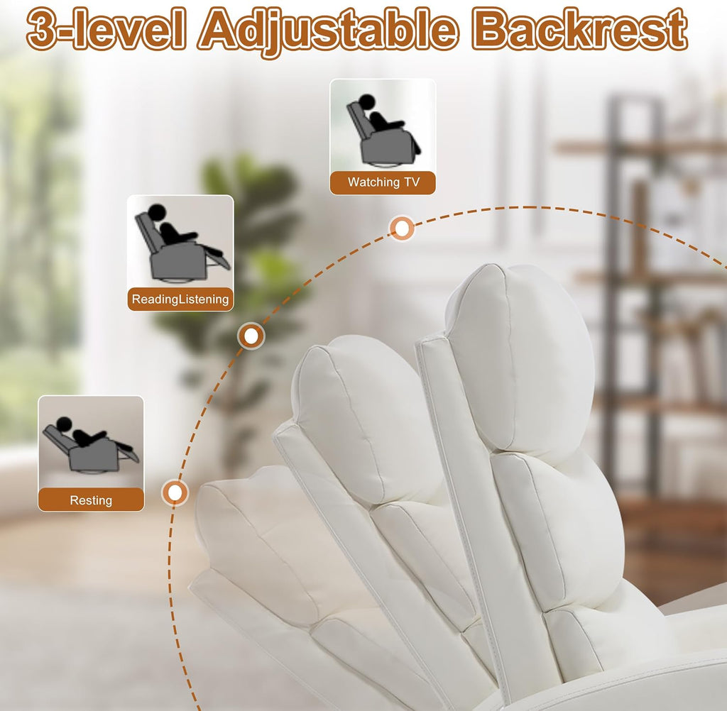 Manual Swivel Rocker Recliner Chair for Adults, Overstuffed Glider Recliner for Nursing with Vibration Massage & Heat, Living Room Rocking Recliner 3-Stage backrest, Faux Leather White