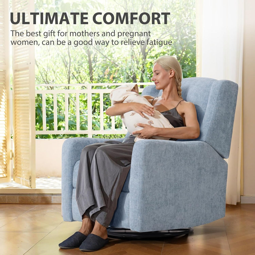 Power Recliner Chair Swivel Glider, Large Nursery Glider with Ottoman & USB Charging Port, Chenille Upholstered Rocker Glider Recliner for Nursery,Living Room, Blue