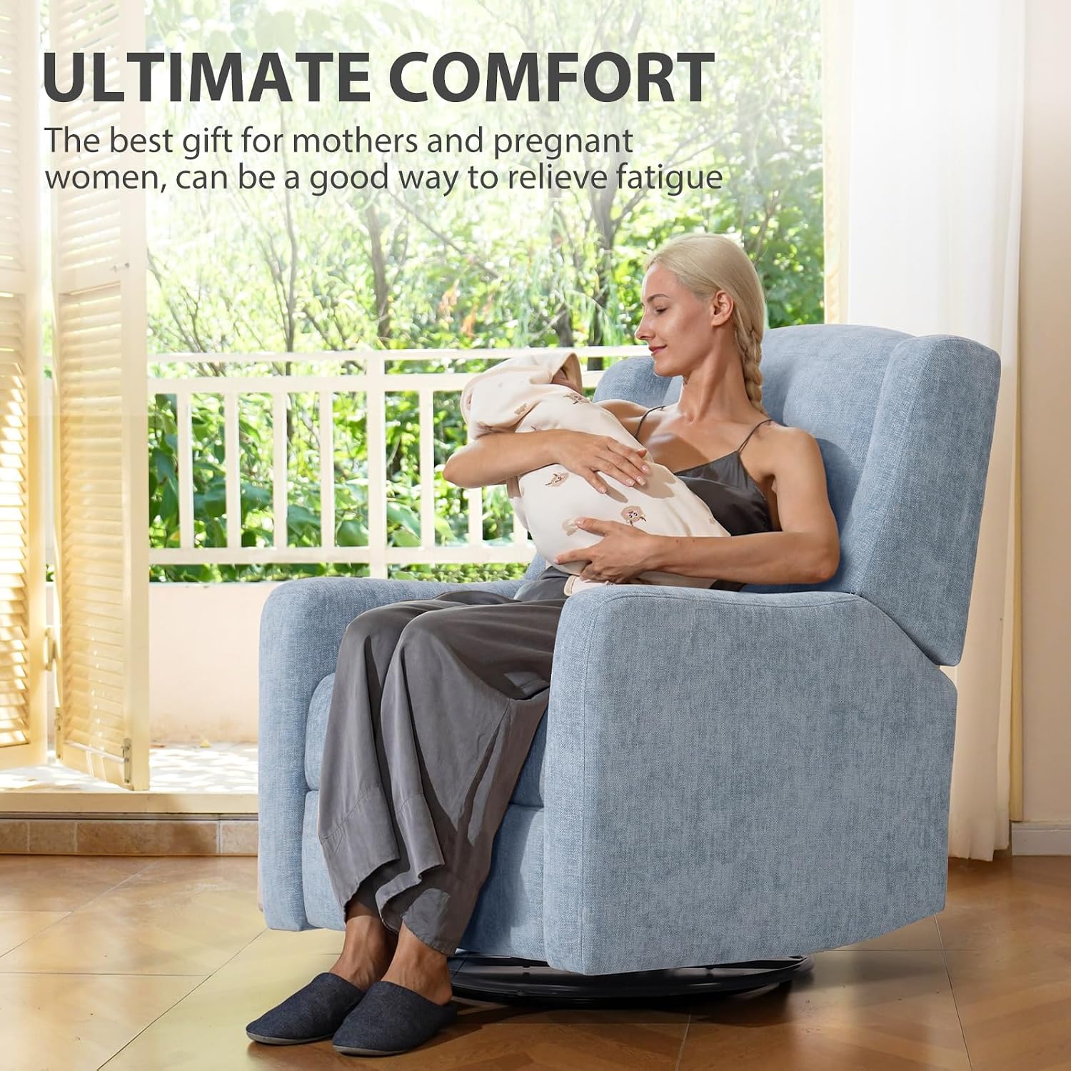 Power Recliner Chair Swivel Glider, Large Nursery Glider with Ottoman & USB Charging Port, Chenille Upholstered Rocker Glider Recliner for Nursery,Living Room, Blue