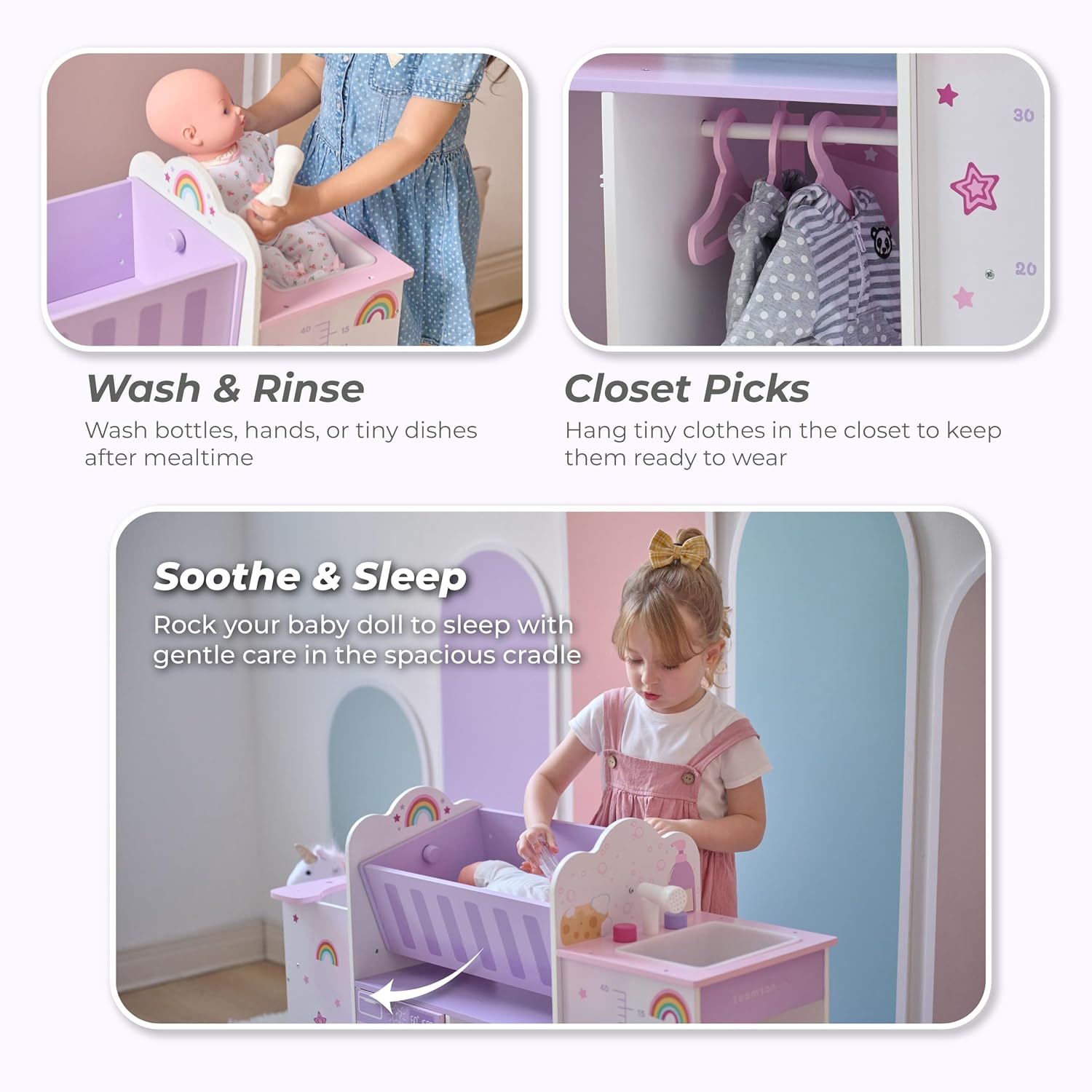 Olivia's Little World Fantasy Care Doll Nursery 6-in-1 Unicorn Themed Baby Station with Cradle, Washer, High Chair, Sink & Closet with 3 Wooden Hangers for Pretend Play, for Girls Ages 3 and Up