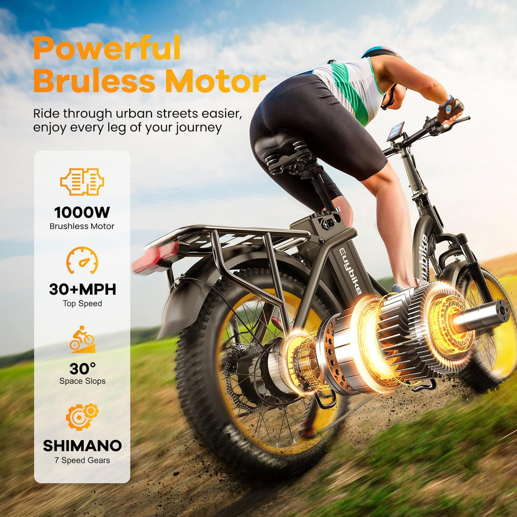 Folding Electric Bike for Adults with Peak 1000W Motor, 48V 20AH Battery up to 30MPH 80 Miles, 20' Fat Tire All Terrain Ebike, 7-Speed Commuter E Bike Black with Saddle Bag, Step-Thru, UL Certified