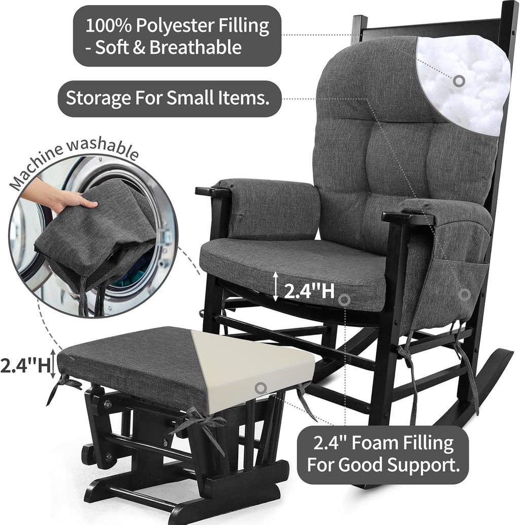 BUYUE Glider Rocker Replacement Cushion 5 PCS with Ties, Linen High-Density Foam Non-Slip & Washable Rocking Chair Pads for Sitting,Gray
