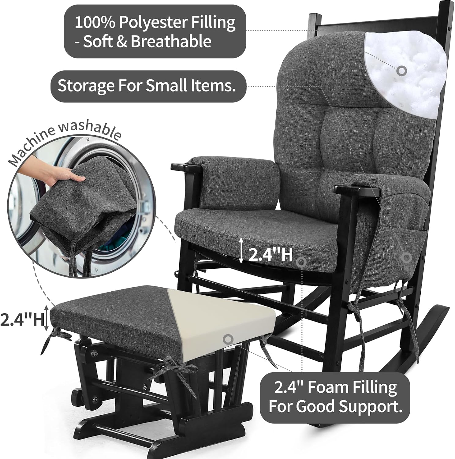 BUYUE Glider Rocker Replacement Cushion 5 PCS with Ties, Linen High-Density Foam Non-Slip & Washable Rocking Chair Pads for Sitting,Gray