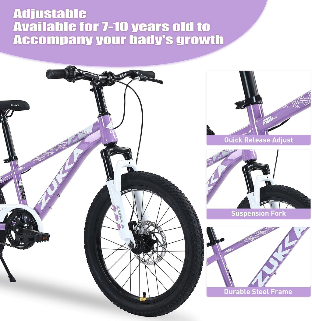 Kids Mountain Bike, 20 24 Inch Kids Bike for Boys Girls Age 7-12 Years, High Carbon Steel Bicycle, Suspension Fork, Dual Disc Brakes, Single Speed, Multiple Colors