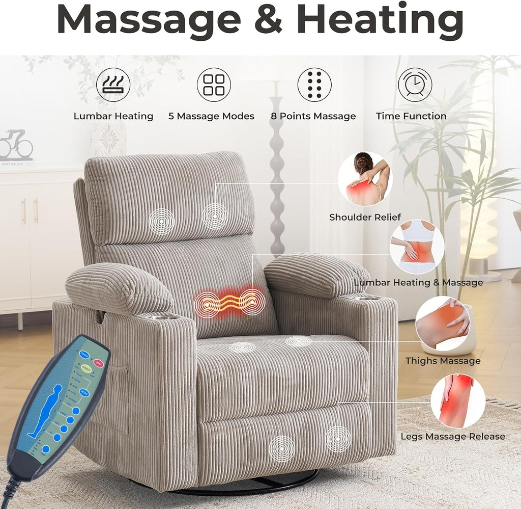 Oversized Power Recliner Chair Swivel Glider with Massage and Heat, Swivel Rocker Recliner with Adjustable Armrests, 26' Wide Nursery Chair with Storage Ottoman, Rocker Nursery Recliner,Corduroy Grey