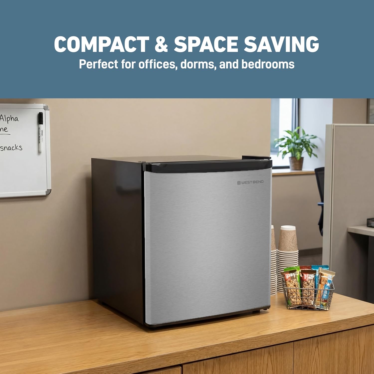 West Bend Mini Fridge Compact Refrigerator for Home Office or Dorm, Auto Defrost with Reversible Door, Energy Star Rated, 1.6-Cu.Ft., Stainless Steel