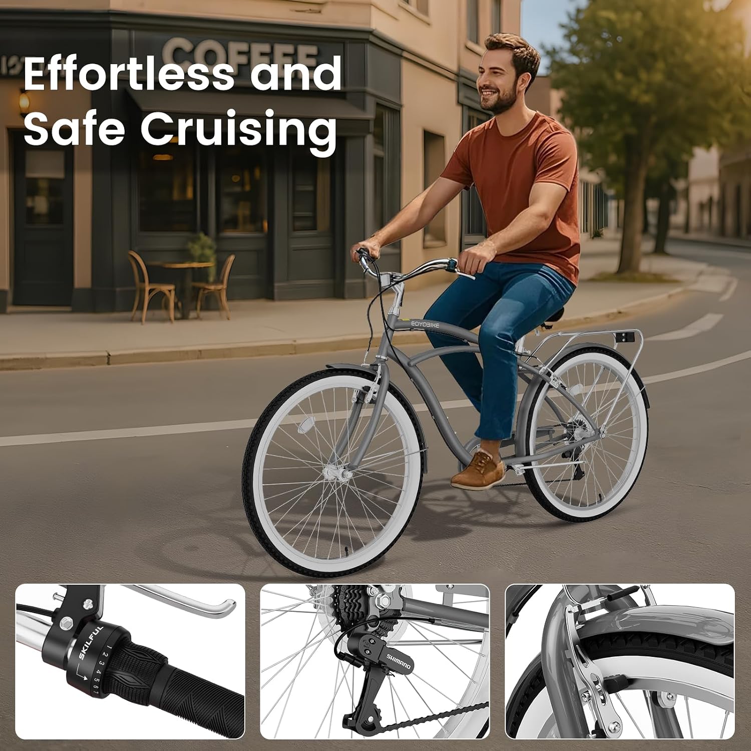 Cruiser Bike for Adults, 7-Speed Beach Cruiser Bicycle, 24/26 Inch Step-Through or High-Bar Frame, Comfort City Commuter Bike with Rear Rack, Fenders, Wide Saddle for Women & Men