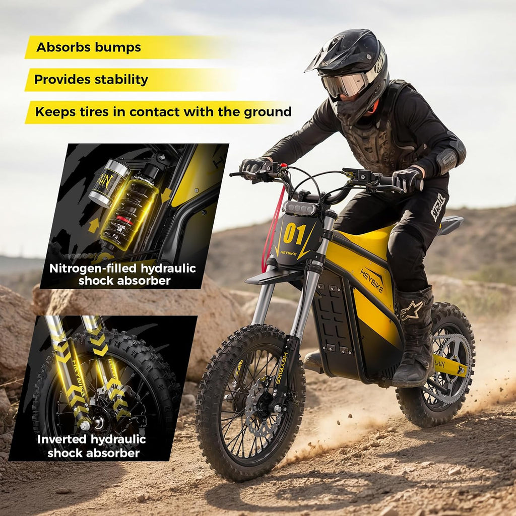 Heybike Villain Electric Dirt Bike with 4160W Motor, 52V 26AH E Dirt Bike, 14/12' Fat Tire Dirtbike with Hydraulic Brakes, Up to 45 MPH & 50 Miles Moped Style Ebike（Standard; Sunflower Yellow）