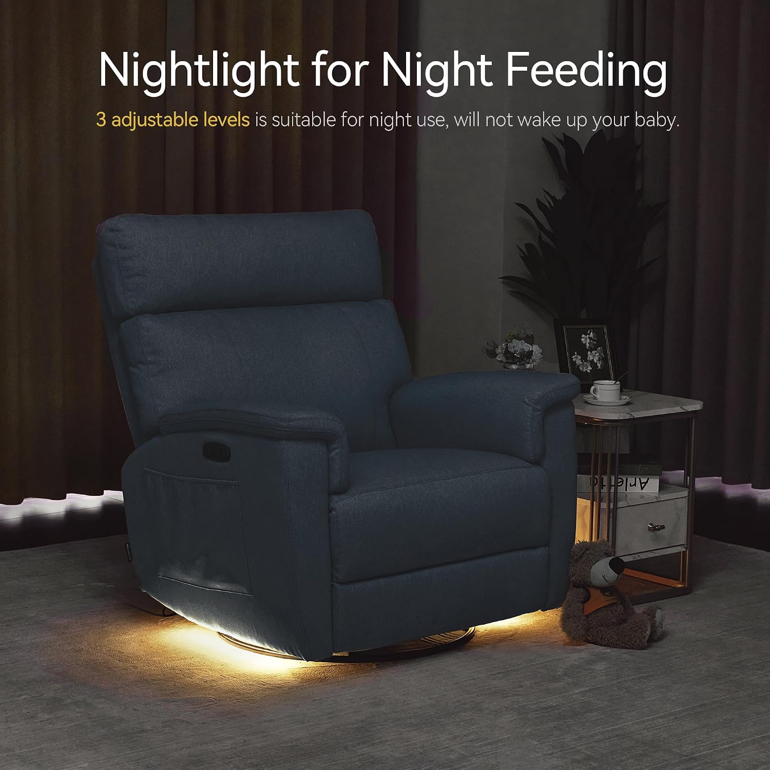MCombo Oversized Swivel Glider Rocker Recliner with Adjustable Headrest, Dual Motor Power Recliner for Nursery, Led Nightlight, Fabric PR601 (Pacific Blue)