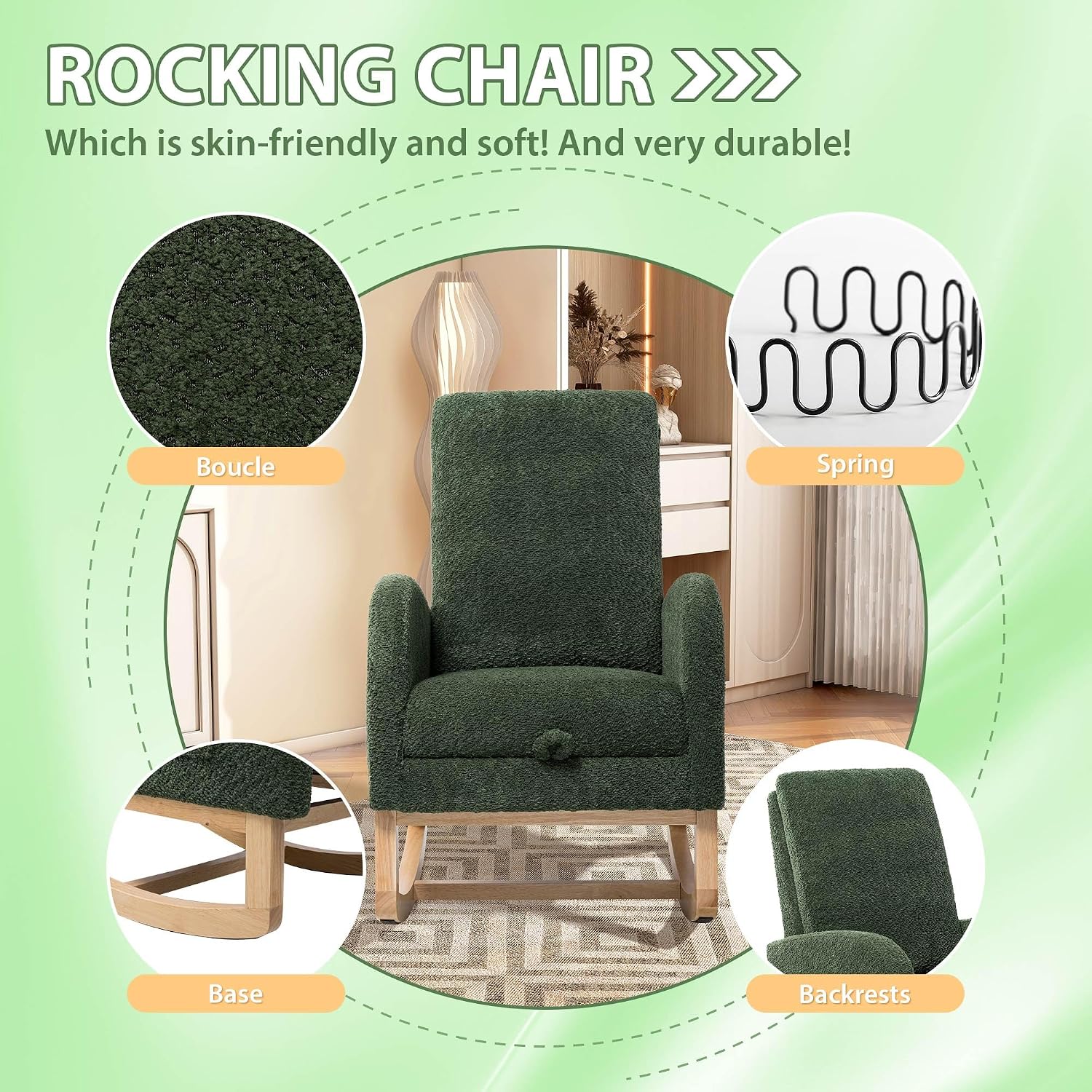 Aoiy & Wifon Rocking Chair Nursery, Modern Nursery Rocking Chairs with Side Pocket & Footrest, Upholstered Rocking Chair Nursery Glider, Boucle, Green
